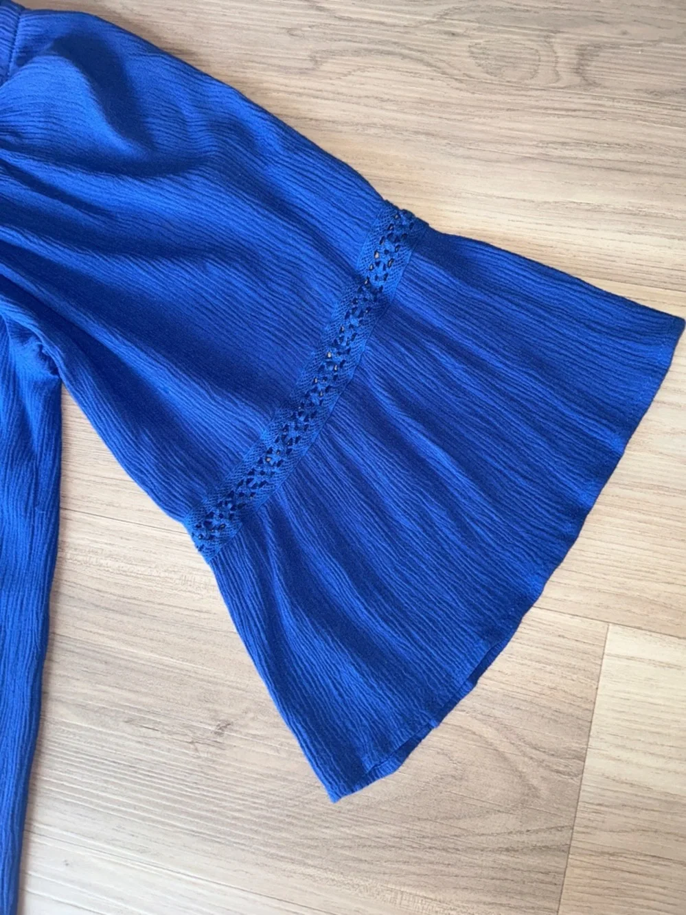 Flying Tomato Crochet Hem Peasant Dress L Blue Lace Relaxed Loose Bell Sleeve